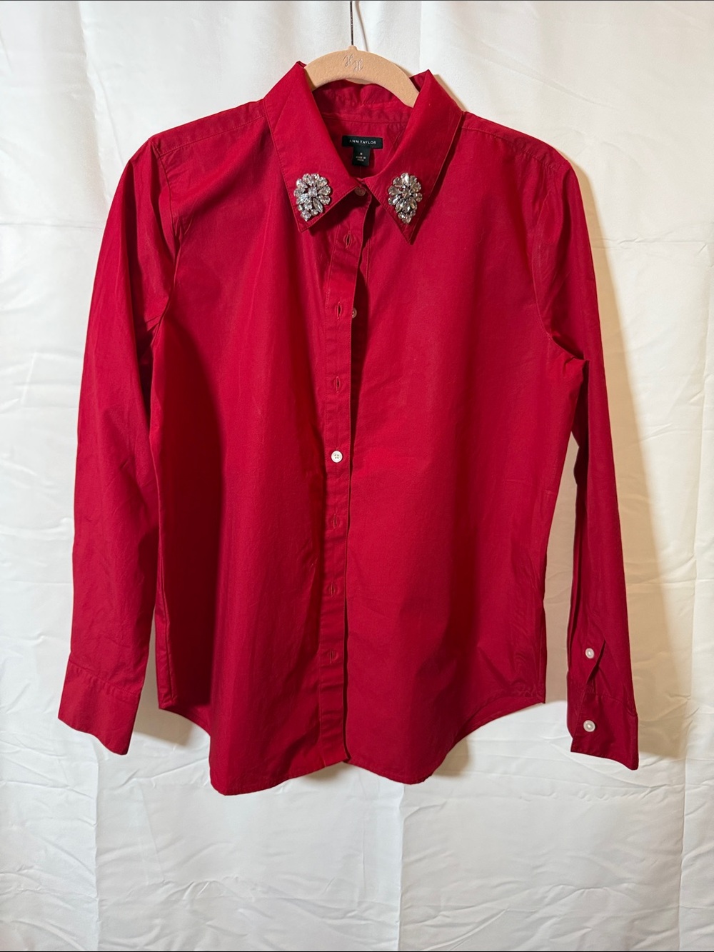 Ann Taylor Red Button-Up Shirt with Jeweled Collar